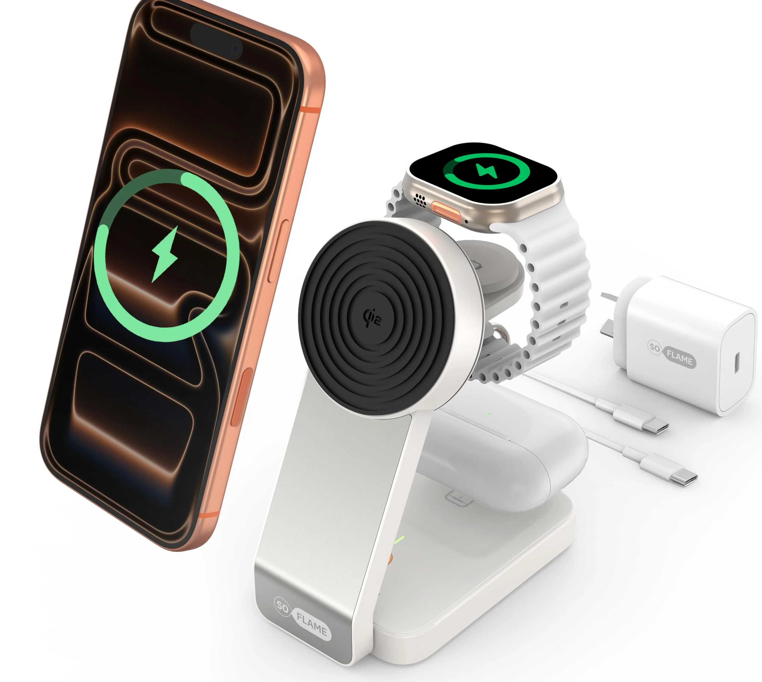 SOFLAME 3-in-1 Induction Chargers Foldable Magnetic Wireless Charger NEW