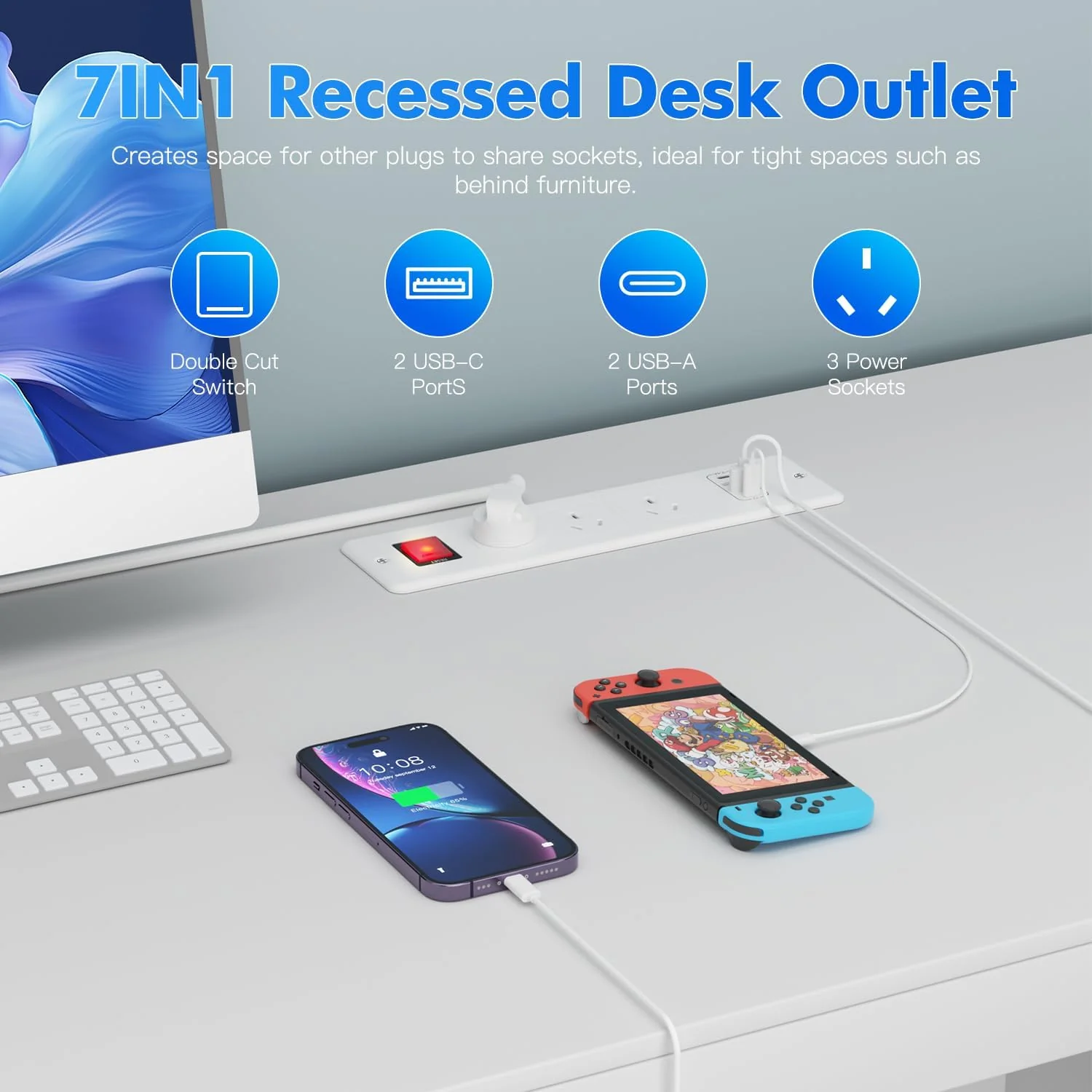 TLULEY Recessed Power Strips Power Strip with 4 USB Ports, 3-Way Built-in NEW - Image 2