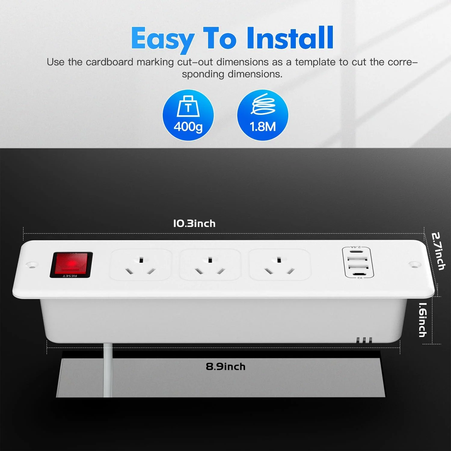 TLULEY Recessed Power Strips Power Strip with 4 USB Ports, 3-Way Built-in NEW - Image 3
