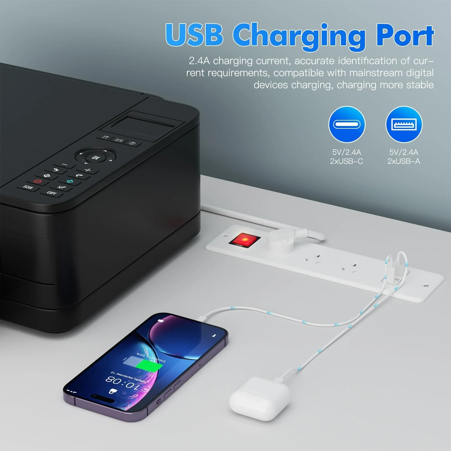 TLULEY Recessed Power Strips Power Strip with 4 USB Ports, 3-Way Built-in NEW - Image 5