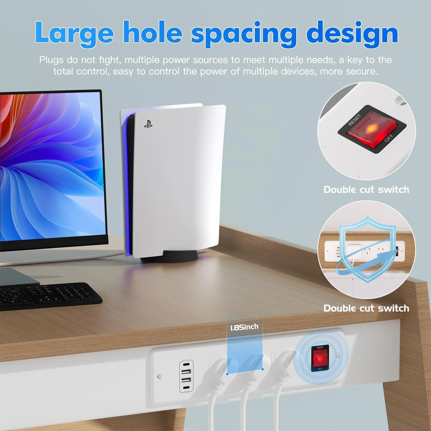 TLULEY Recessed Power Strips Power Strip with 4 USB Ports, 3-Way Built-in NEW - Image 6
