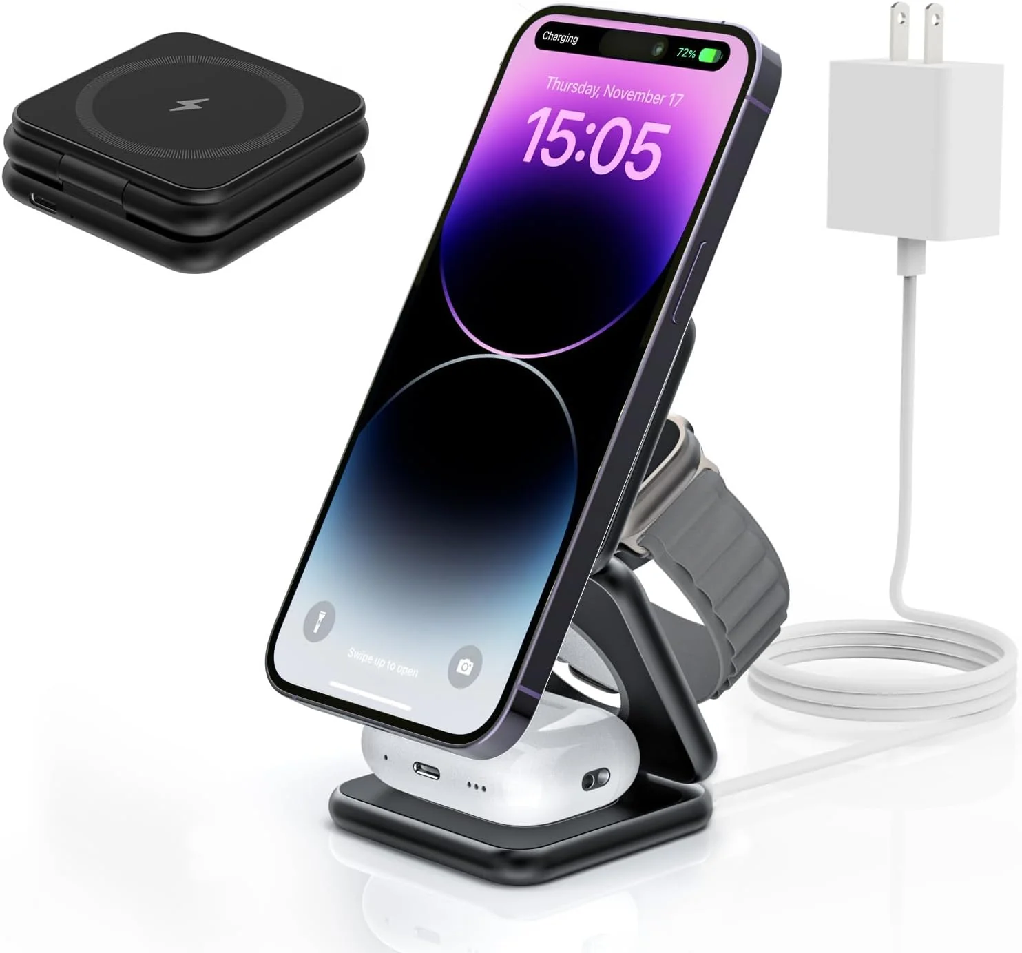 KU XIU 3-in-1 Foldable Magnetic Wireless Charging Station Portable NEW