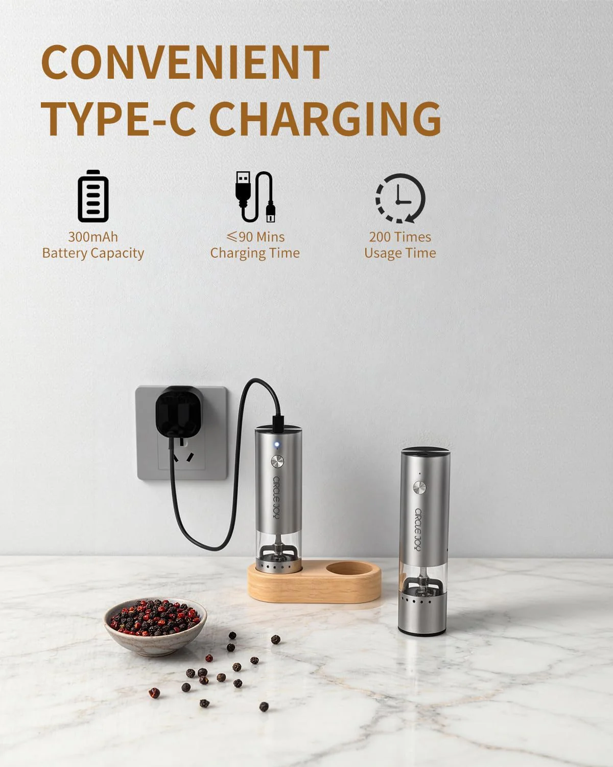 CIRCLE JOY Salt & Pepper Mill Sets Electric Salt and Pepper Grinder Set USB NEW - Image 3