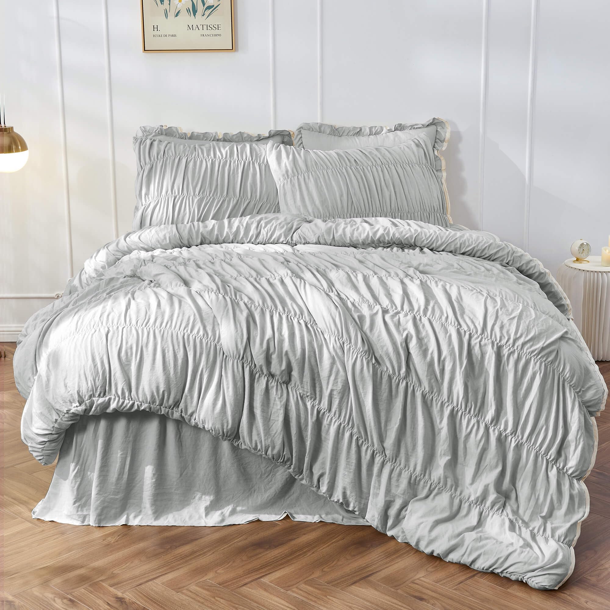 Bonlino Oversized King Size Light Grey Ruched Comforter Set NEW
