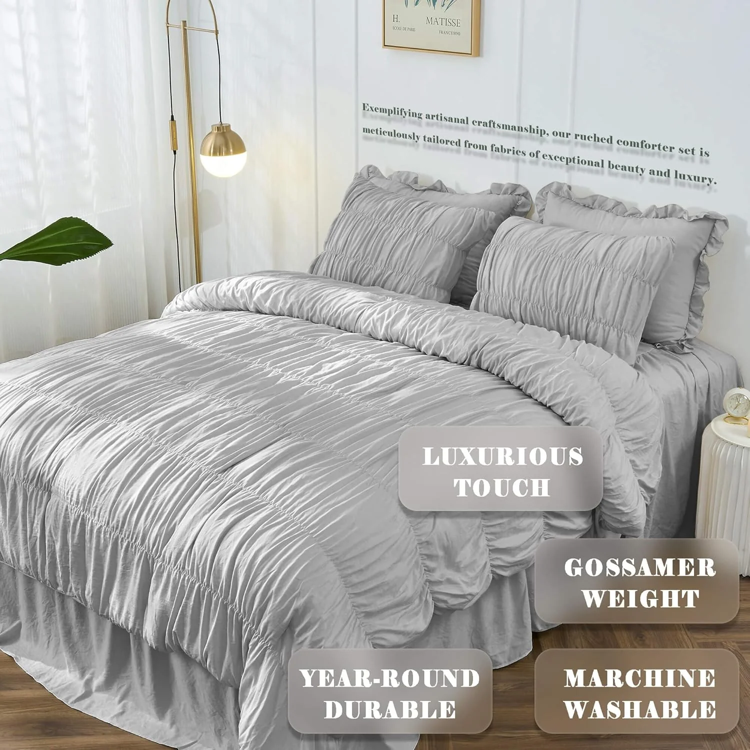 Bonlino Oversized King Size Light Grey Ruched Comforter Set NEW - Image 2