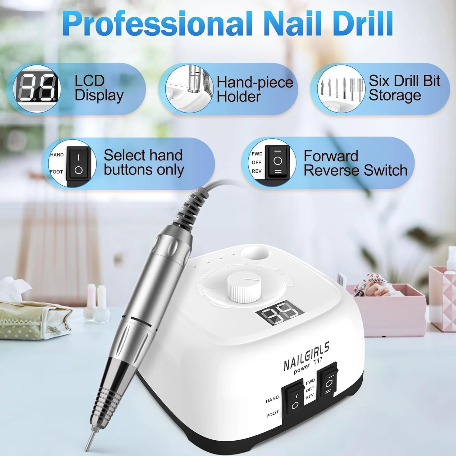 NAILGIRLS T17 35000RPM Electric Nail Drill White & Drill & Bit Pack NEW - Image 2