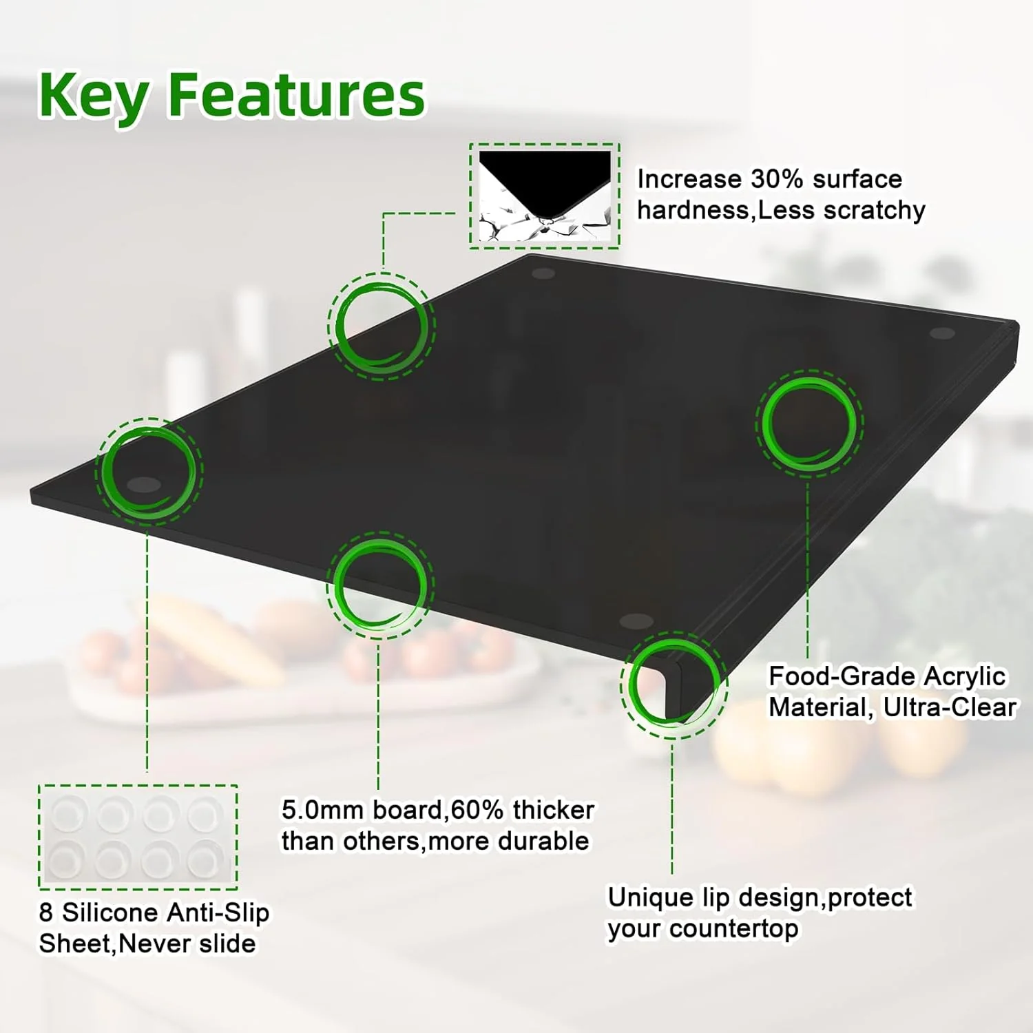 Acrylic Chopping Chopping Boards Board with Counter Lip, Durable Black, NEW - Image 2
