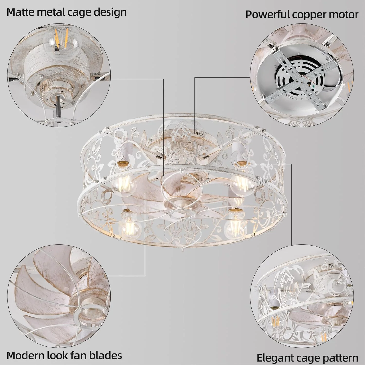 Caged Lights Ceiling Fan with Light 20 Inch Flush Mount Remote Control Size NEW - Image 5