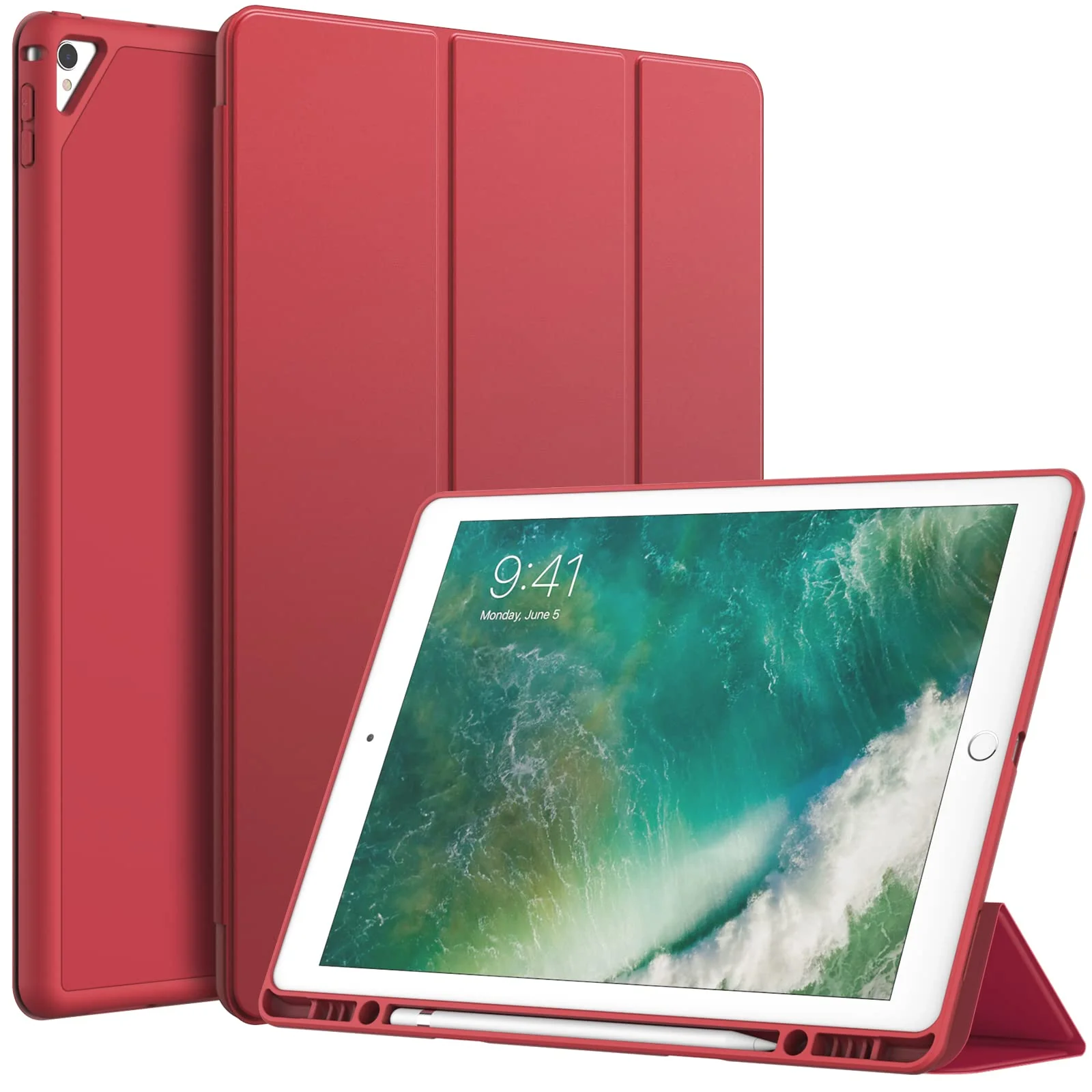 JETech iPad Tablet Cases Pro 12.9" Tablet Case with Pencil Holder, Red NEW