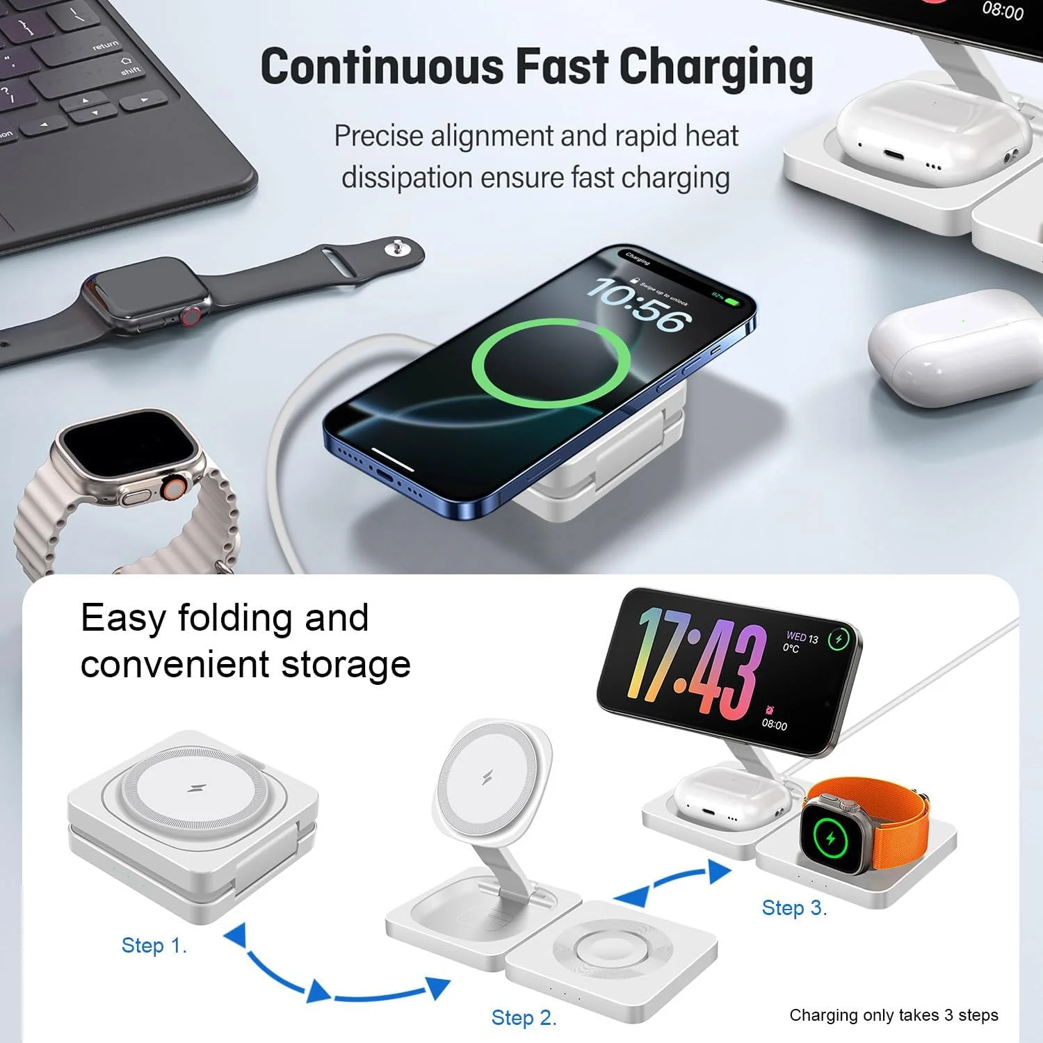 3 in 1 Wireless Charging Station Portable Magnetic Travel Charger in White NEW - Image 3