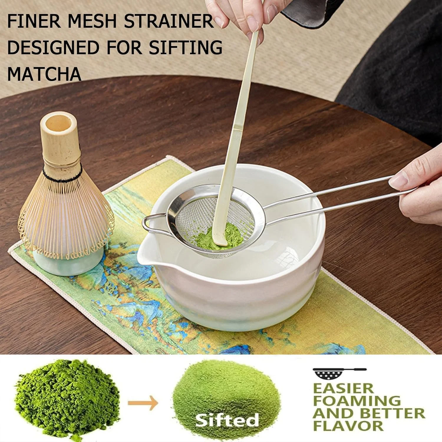 Handcrafted Matcha Bowls Green Pink Bamboo Bowl with Spout and Whisk Set NEW - Image 2