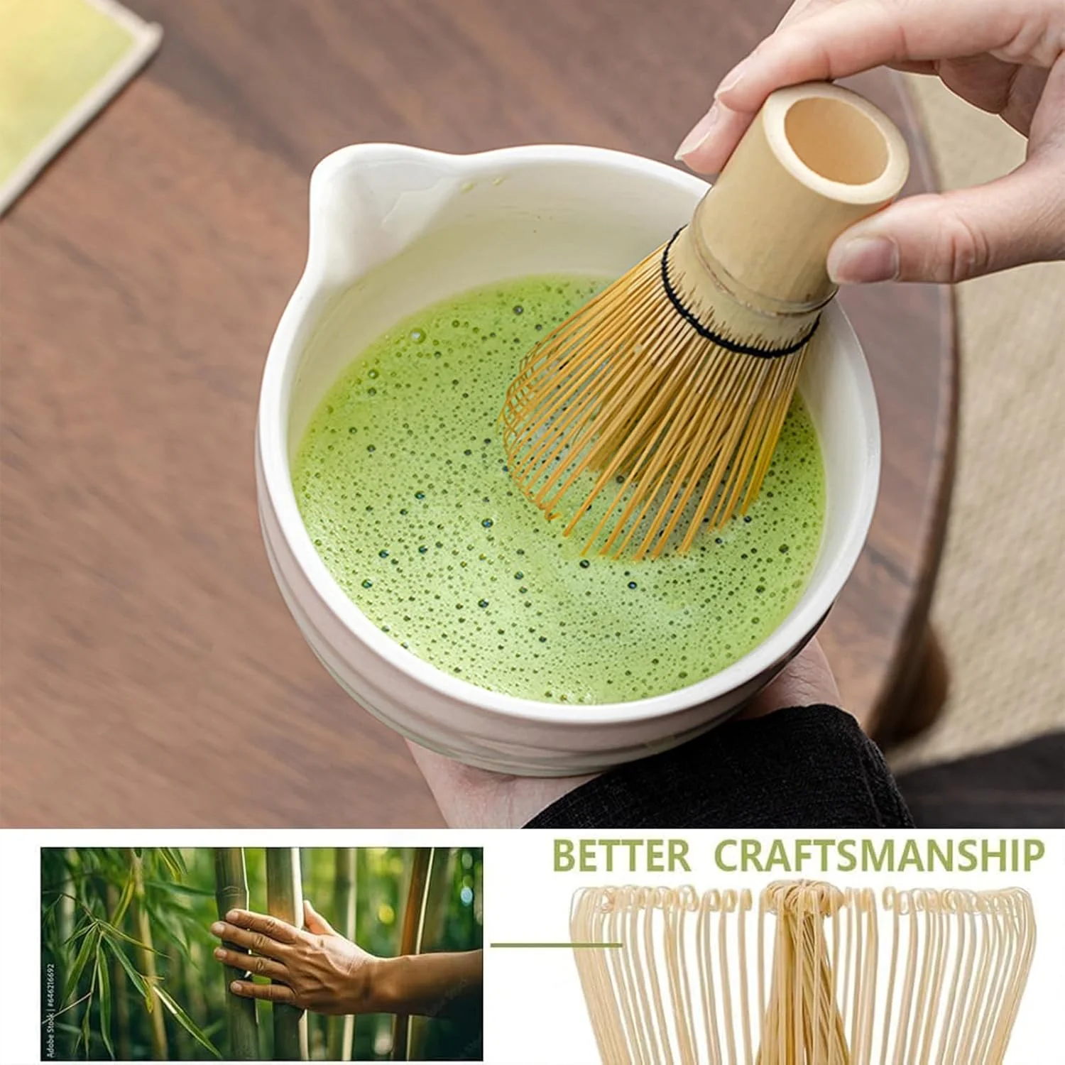 Handcrafted Matcha Bowls Green Pink Bamboo Bowl with Spout and Whisk Set NEW - Image 3