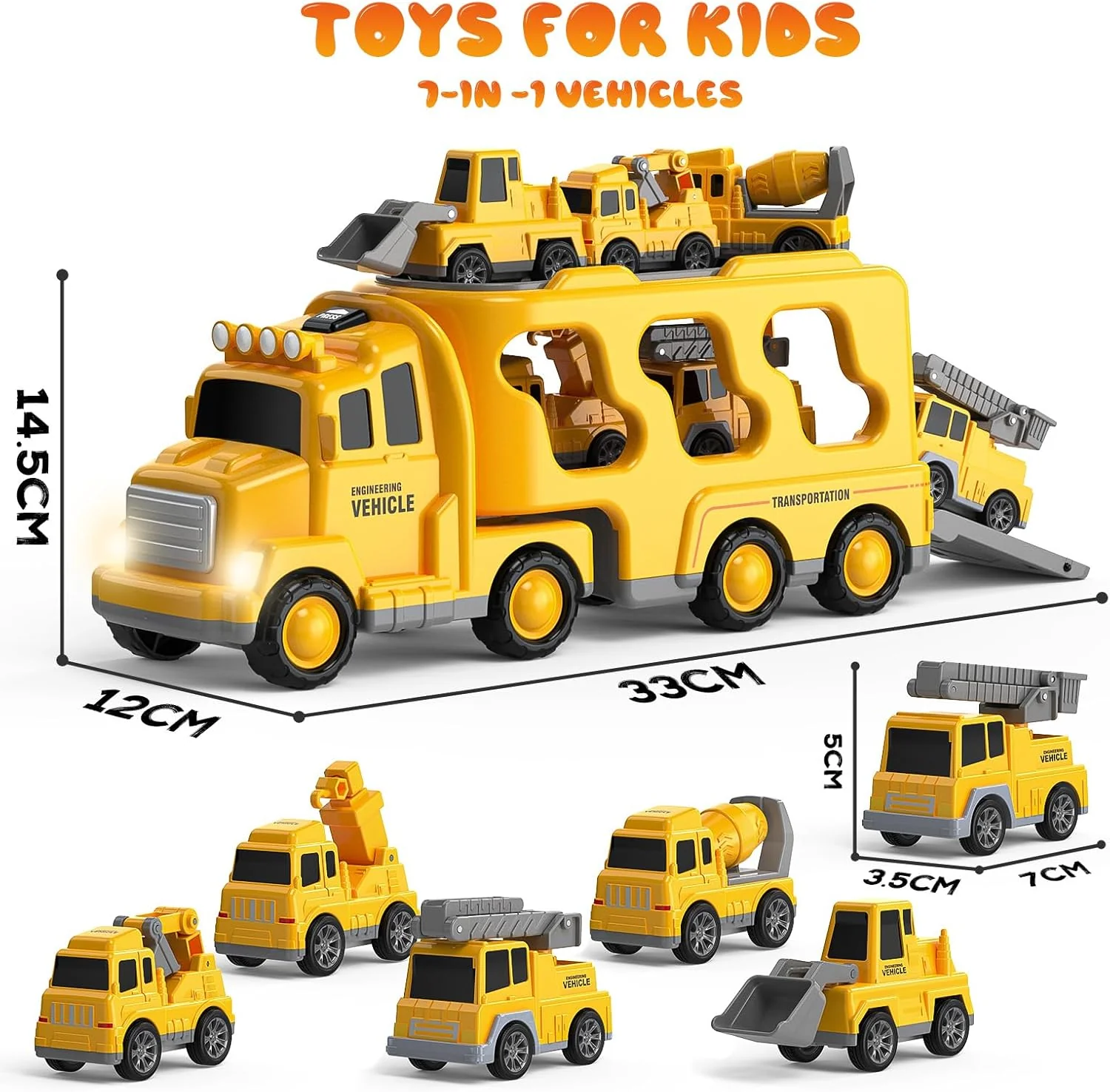 7-in-1 Friction Toy Construction Truck Toys for Toddlers Yellow Size NEW - Image 2