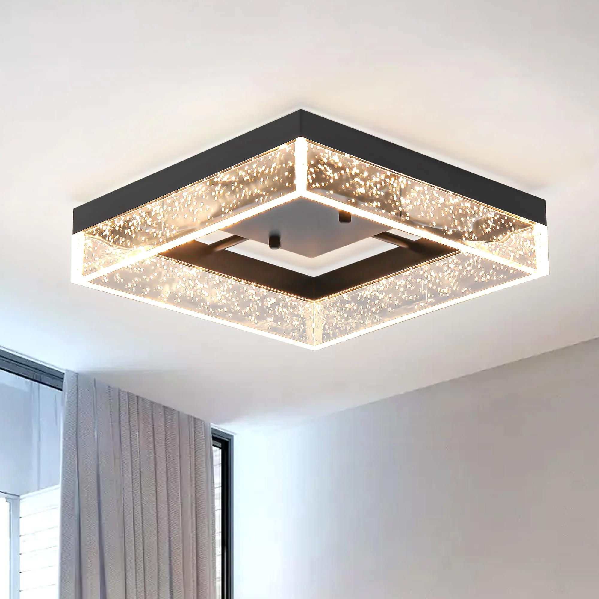 Black Lights Square LED Ceiling Light Flush Mount Acrylic Metal 30x30x7cm NEW