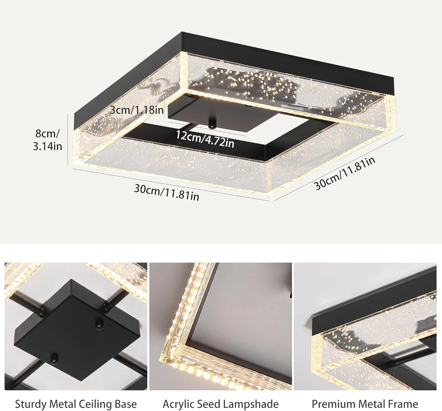 Black Lights Square LED Ceiling Light Flush Mount Acrylic Metal 30x30x7cm NEW - Image 3