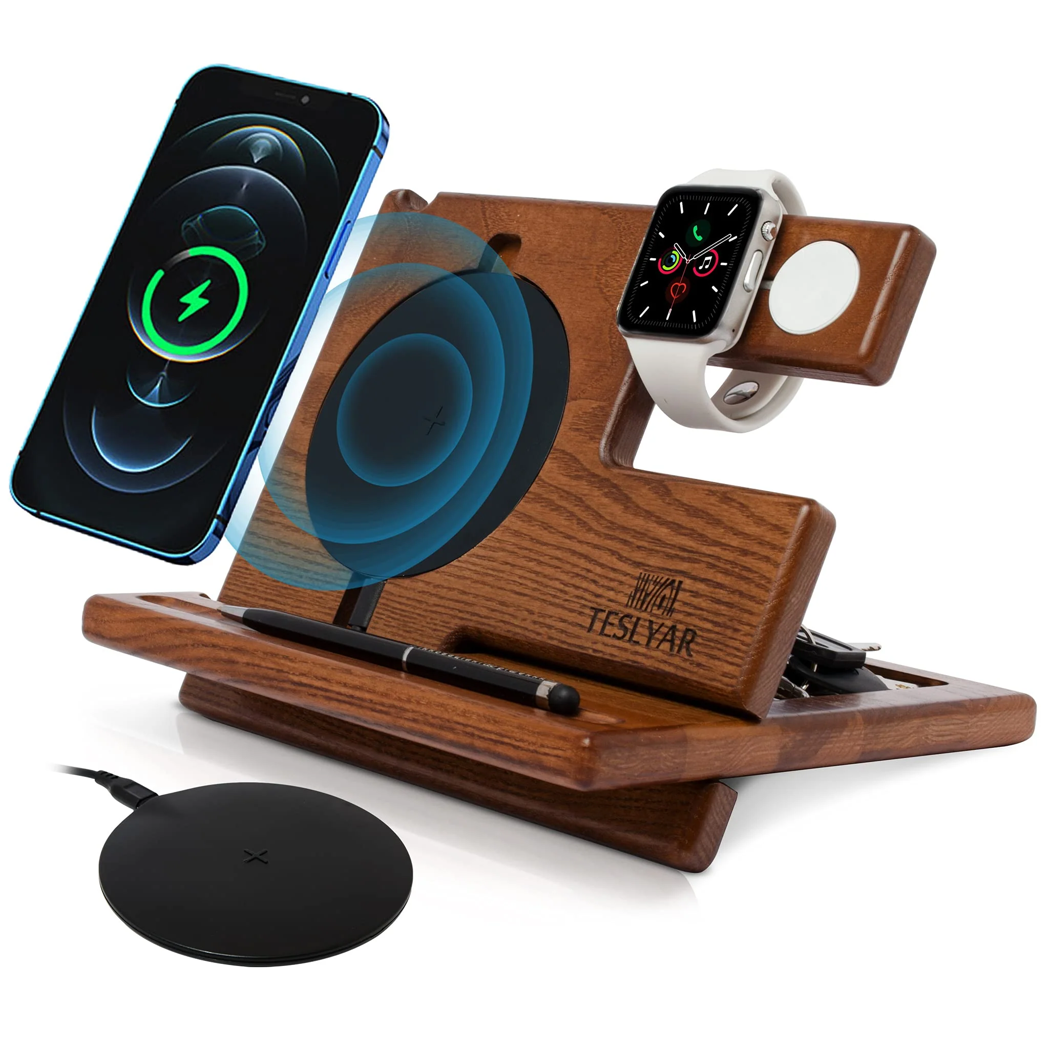 Teslyar Multifunctional Charging Station Organizer Dock Holder Stand Brown NEW
