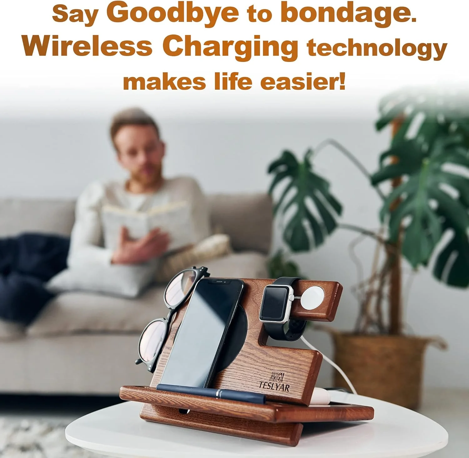 Teslyar Multifunctional Charging Station Organizer Dock Holder Stand Brown NEW - Image 2