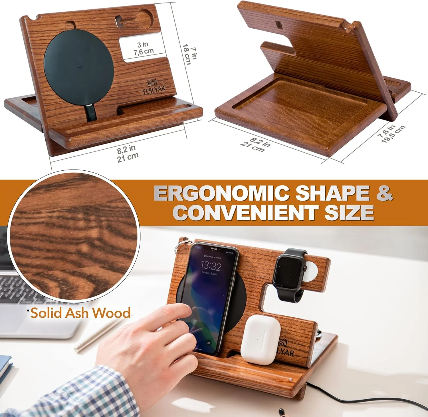 Teslyar Multifunctional Charging Station Organizer Dock Holder Stand Brown NEW - Image 5