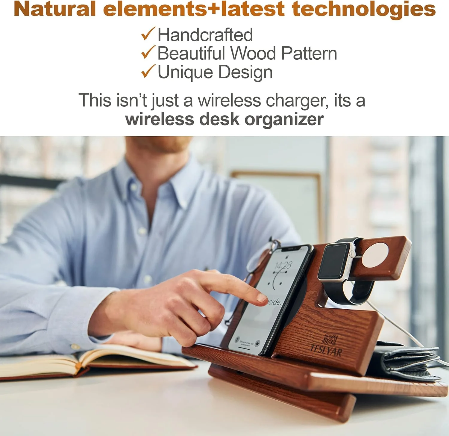 Teslyar Multifunctional Charging Station Organizer Dock Holder Stand Brown NEW - Image 6