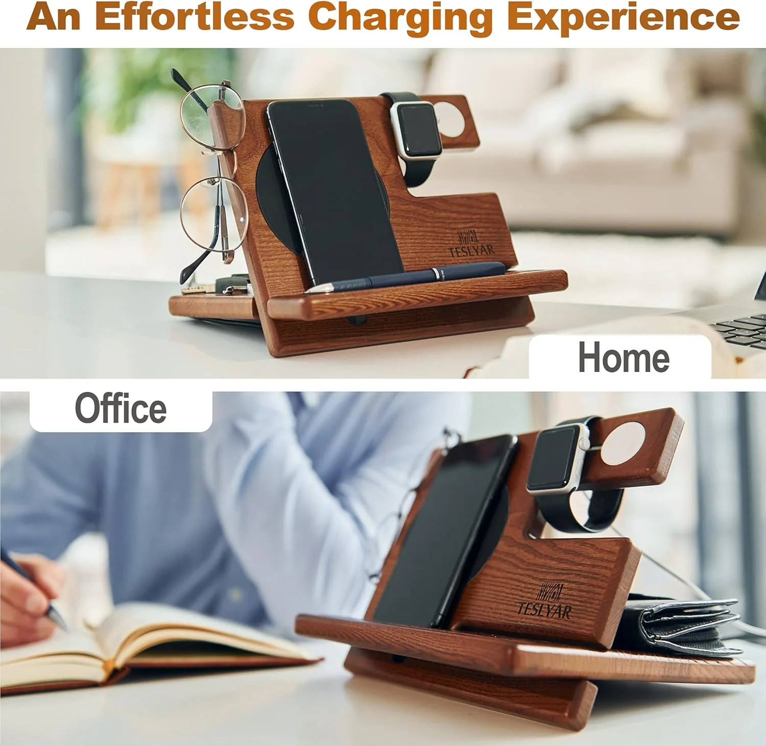 Teslyar Multifunctional Charging Station Organizer Dock Holder Stand Brown NEW - Image 8