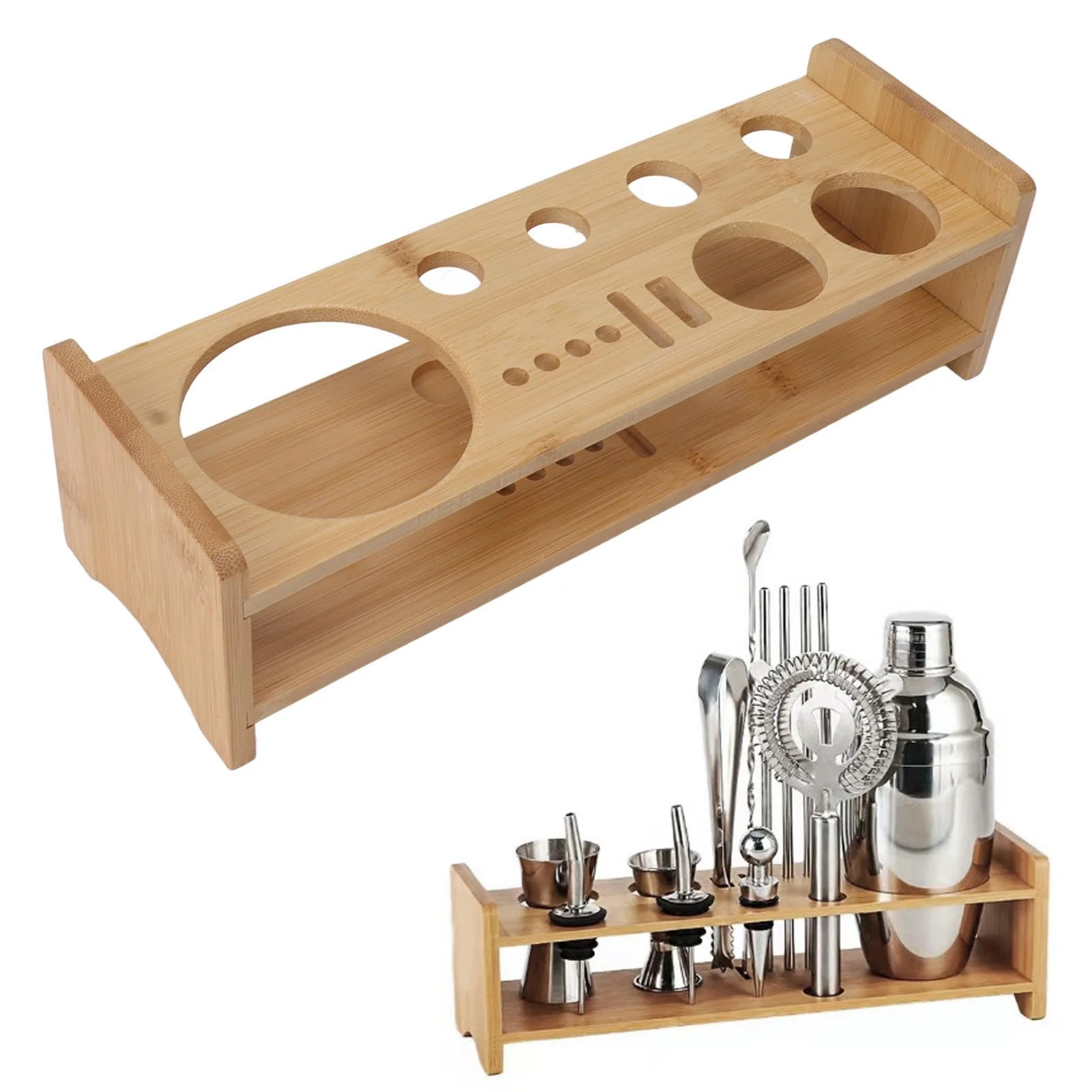 gernie Cocktail Shaker Set with Wooden Stand, Bartender Tool Holder, Light NEW