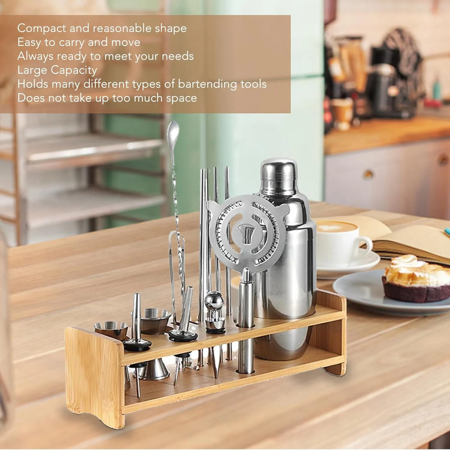 gernie Cocktail Shaker Set with Wooden Stand, Bartender Tool Holder, Light NEW - Image 3