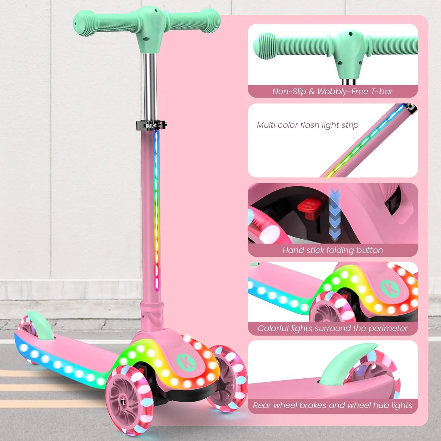 KIDSCOTER Foldable Scooters Scooter with Light-Up Handlebars for Kids, Pink NEW - Image 6