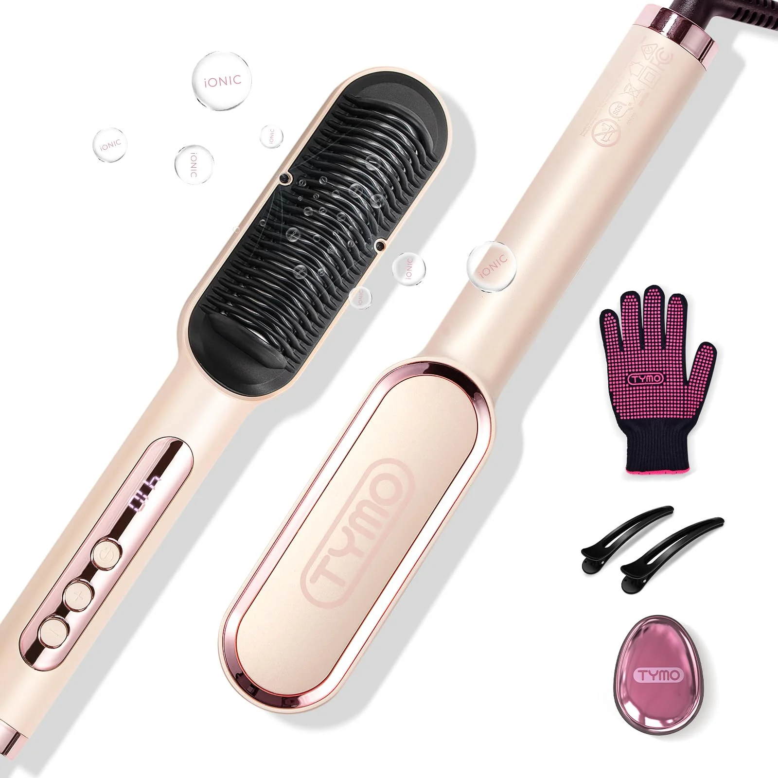 TYMO Gold Blush Hair Straightener Brush - Ionic Styling Iron NEW