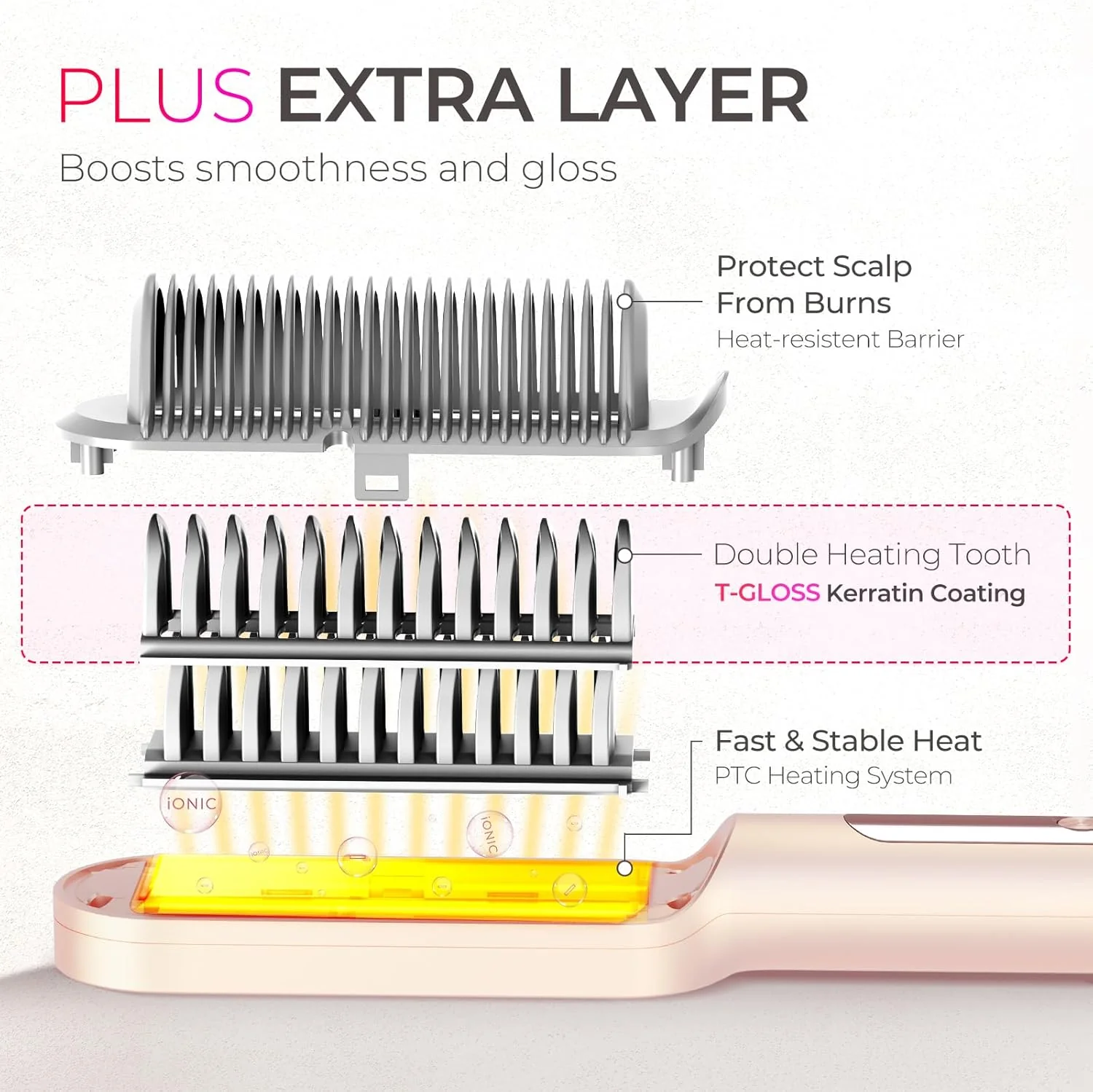 TYMO Gold Blush Hair Straightener Brush - Ionic Styling Iron NEW - Image 4