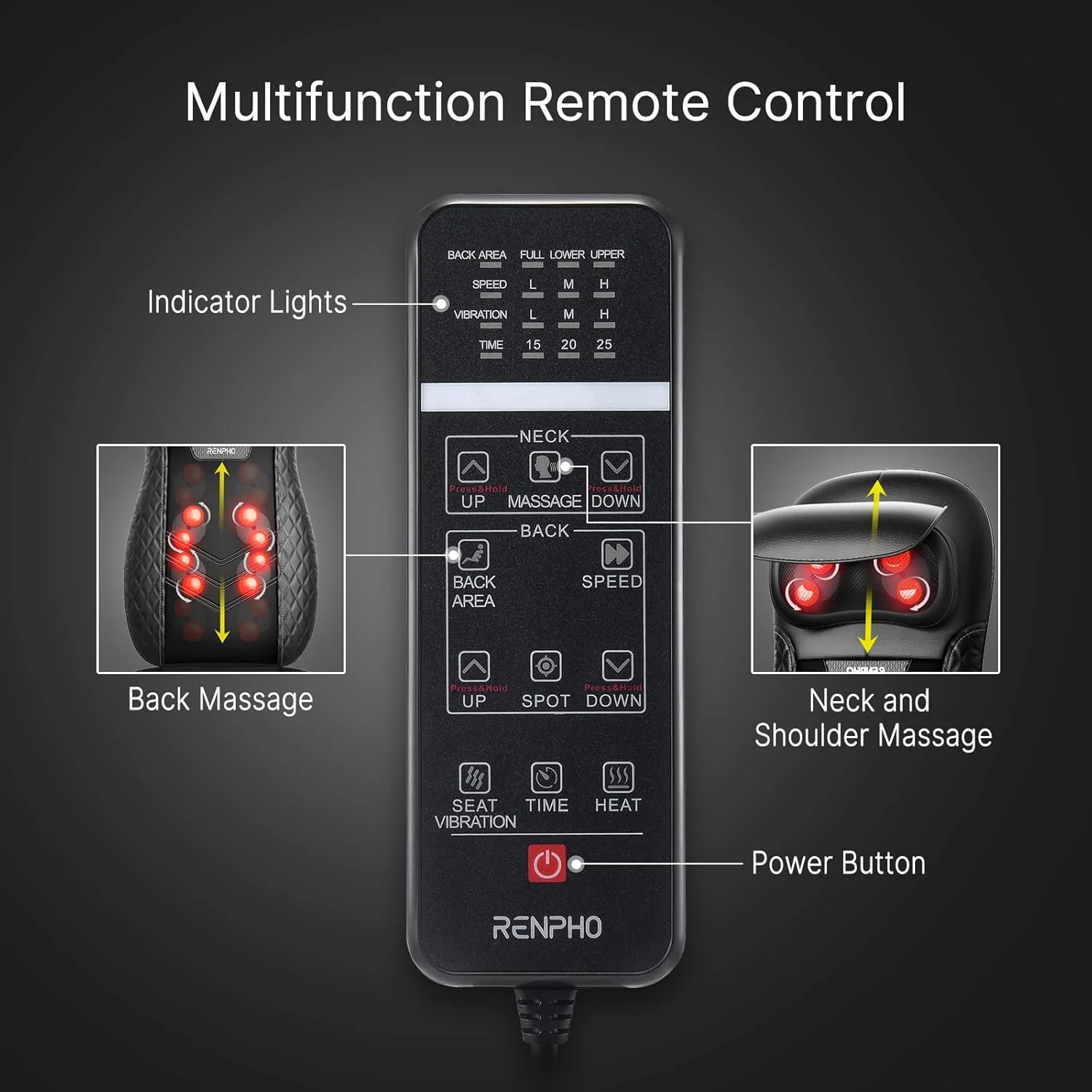 RENPHO Shiatsu Massage Chair Seat with Heat Kneading Therapy Back RF-BM066 NEW - Image 6