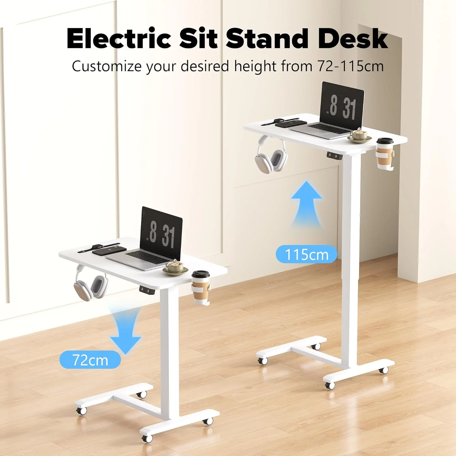 Height Adjustable Desks Standing Desk with Wheels, White, 68x40x72cm NEW - Image 6