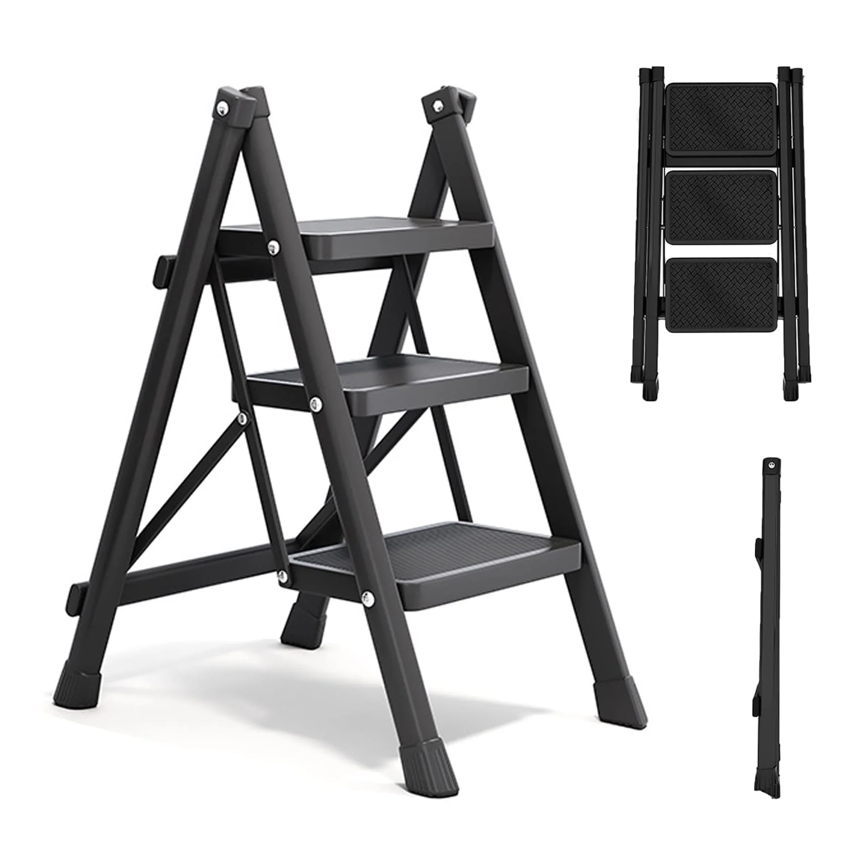 3-Step Folding Stepstools Ladder Stool with Wide Anti-Slip Pedals Black DEMO