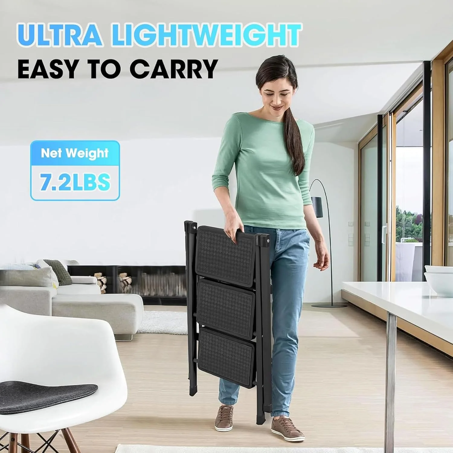 3-Step Folding Stepstools Ladder Stool with Wide Anti-Slip Pedals Black DEMO - Image 2