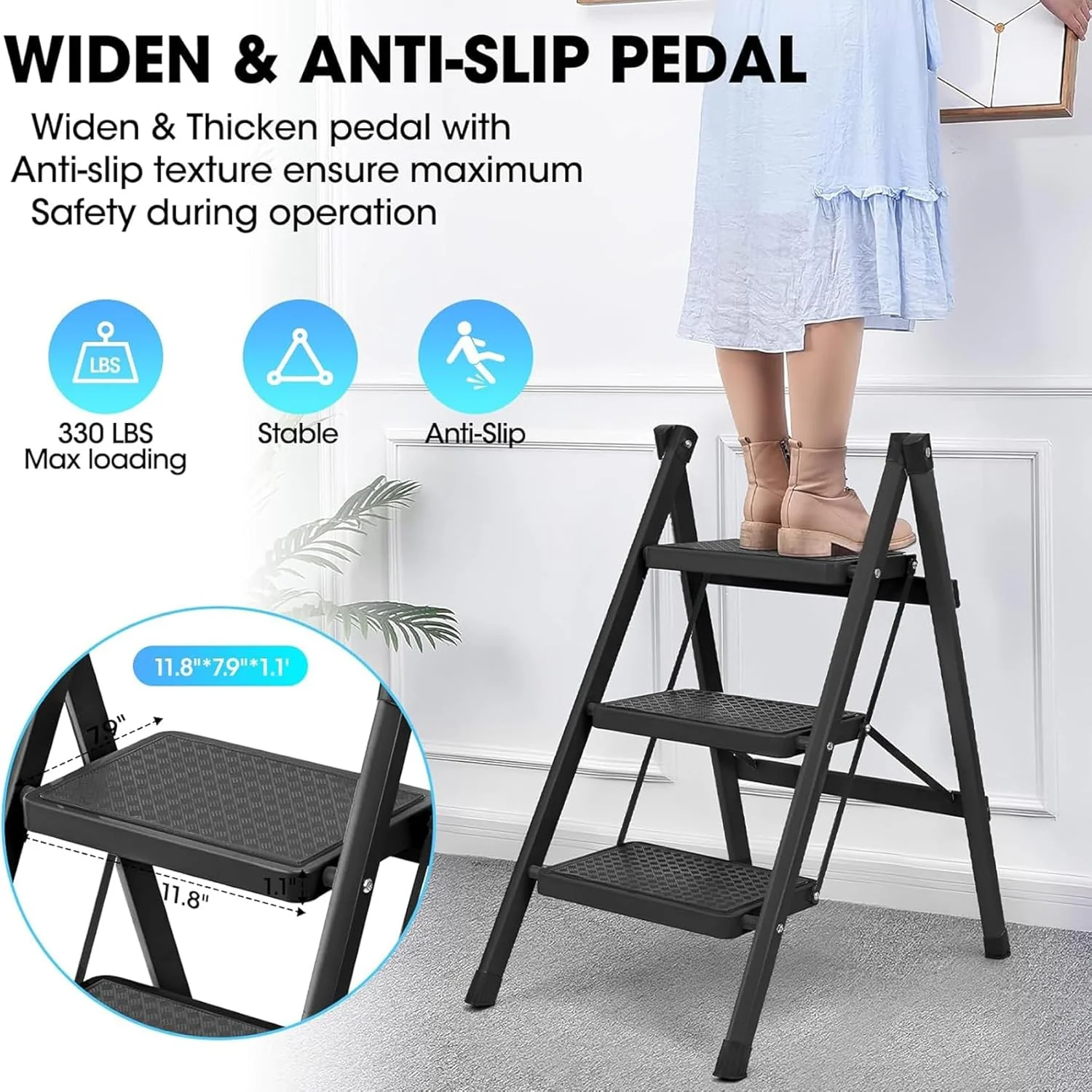 3-Step Folding Stepstools Ladder Stool with Wide Anti-Slip Pedals Black DEMO - Image 6