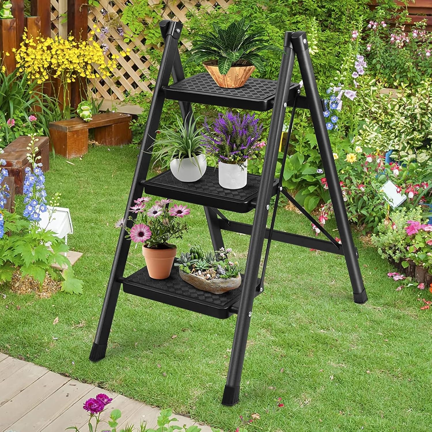 3-Step Folding Stepstools Ladder Stool with Wide Anti-Slip Pedals Black DEMO - Image 8