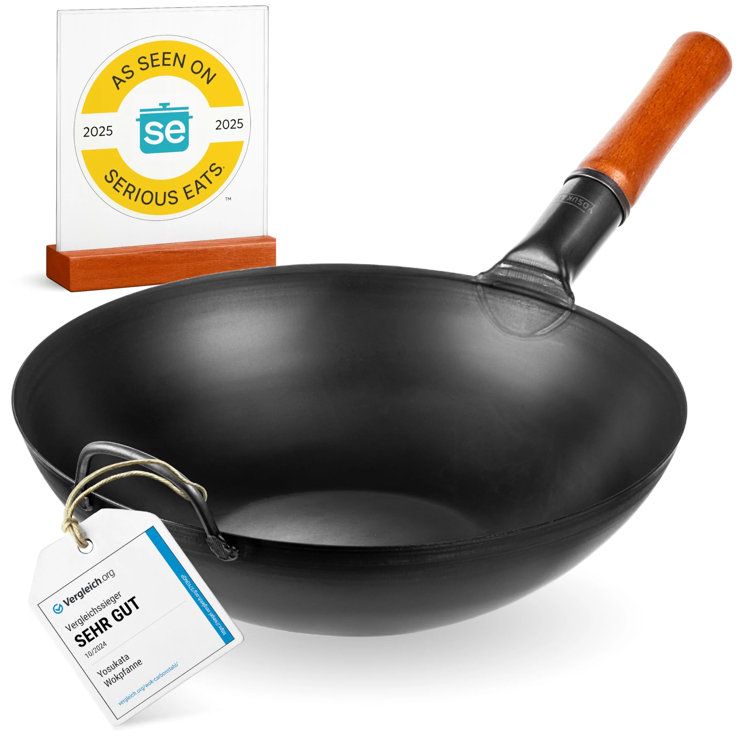 YOSUKATA 34cm Woks Carbon Steel Wok Pan, Pre-Seasoned Flat Bottom, Black NEW