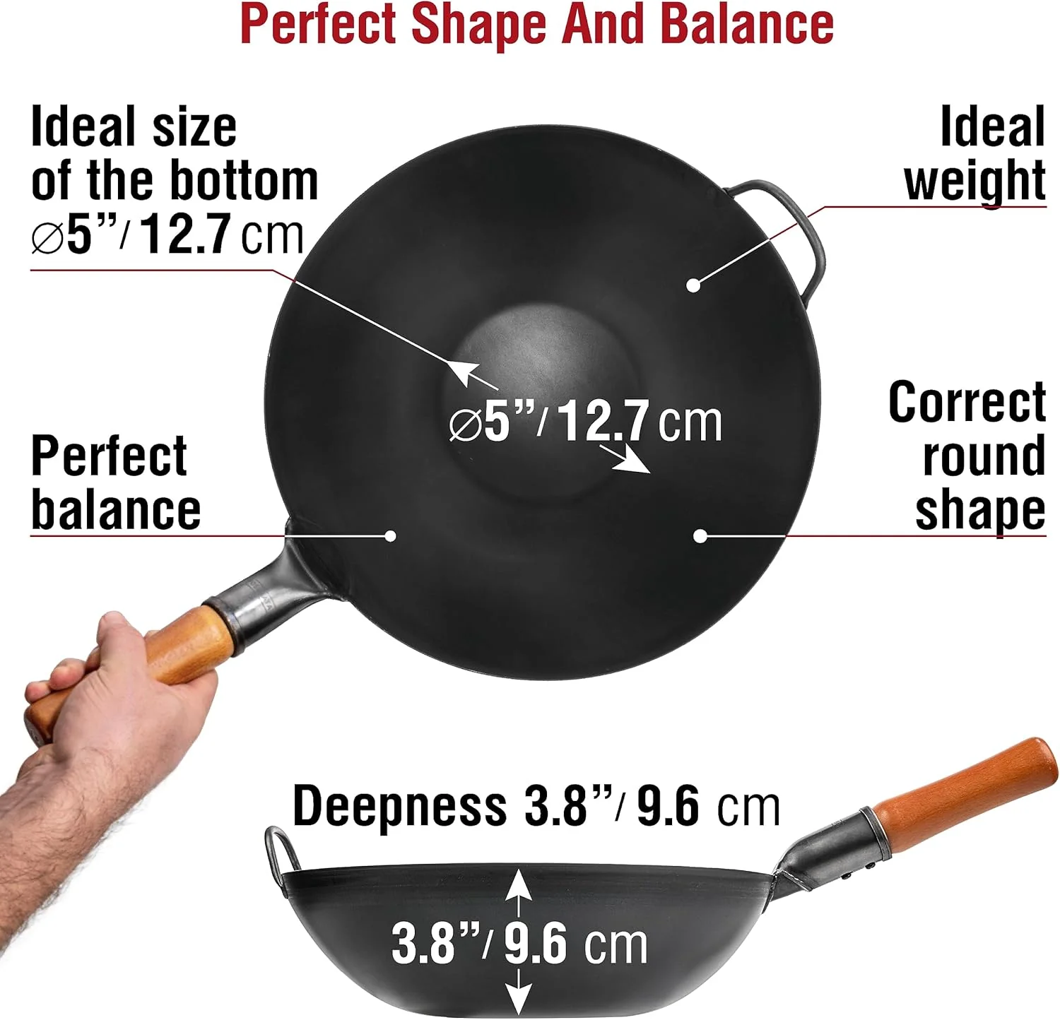 YOSUKATA 34cm Woks Carbon Steel Wok Pan, Pre-Seasoned Flat Bottom, Black NEW - Image 2