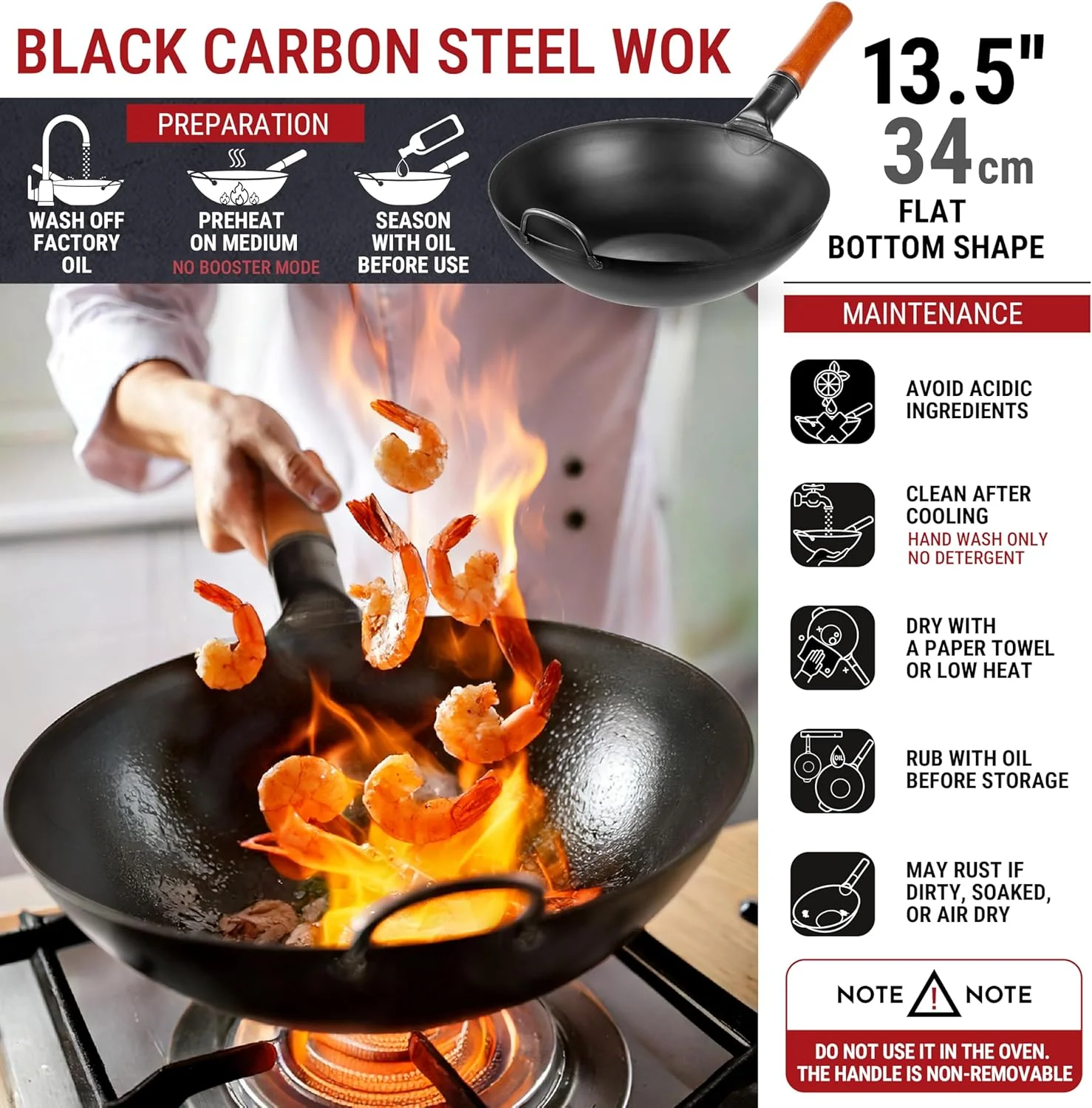 YOSUKATA 34cm Woks Carbon Steel Wok Pan, Pre-Seasoned Flat Bottom, Black NEW - Image 3