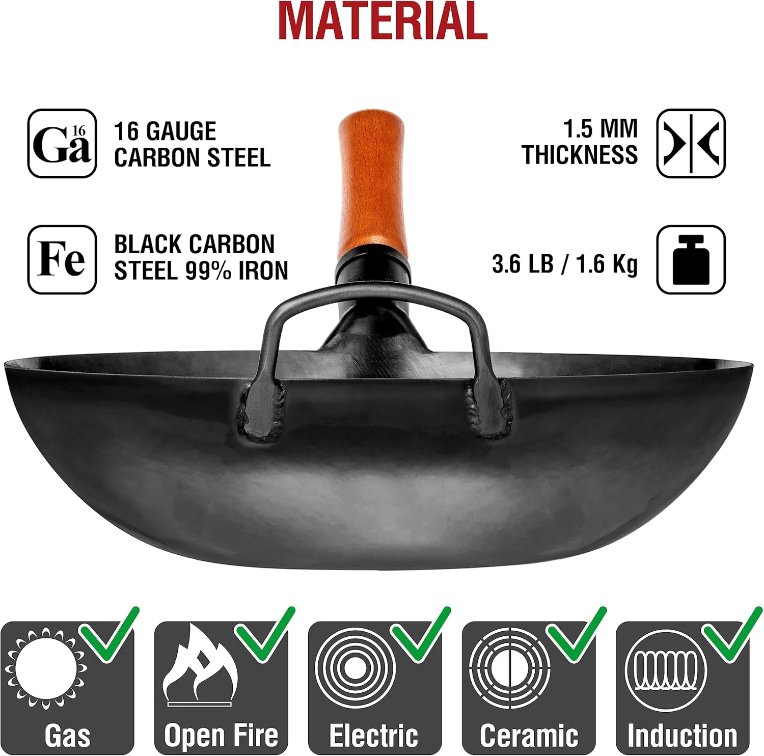 YOSUKATA 34cm Woks Carbon Steel Wok Pan, Pre-Seasoned Flat Bottom, Black NEW - Image 5