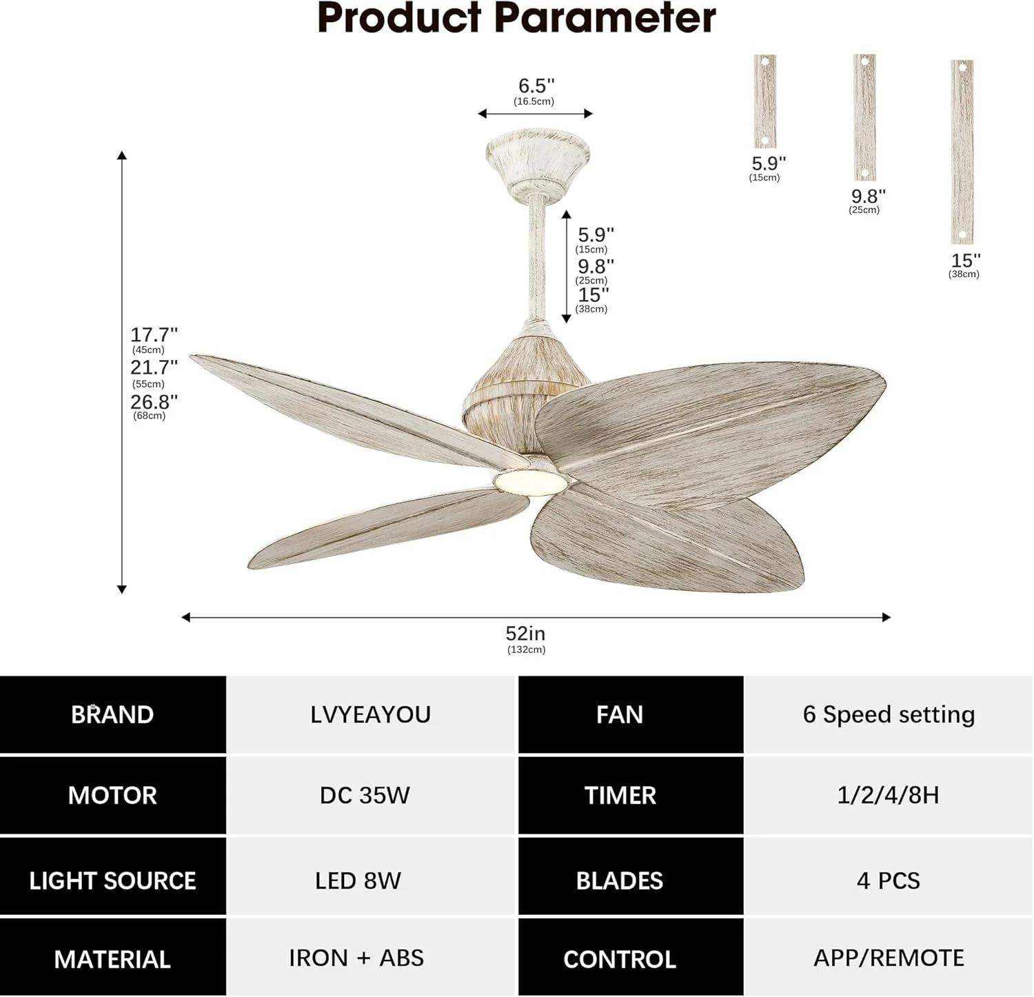 52 Inch Fans Ceiling Fan with Light Remote and App Control White-Rubbed DEMO - Image 2