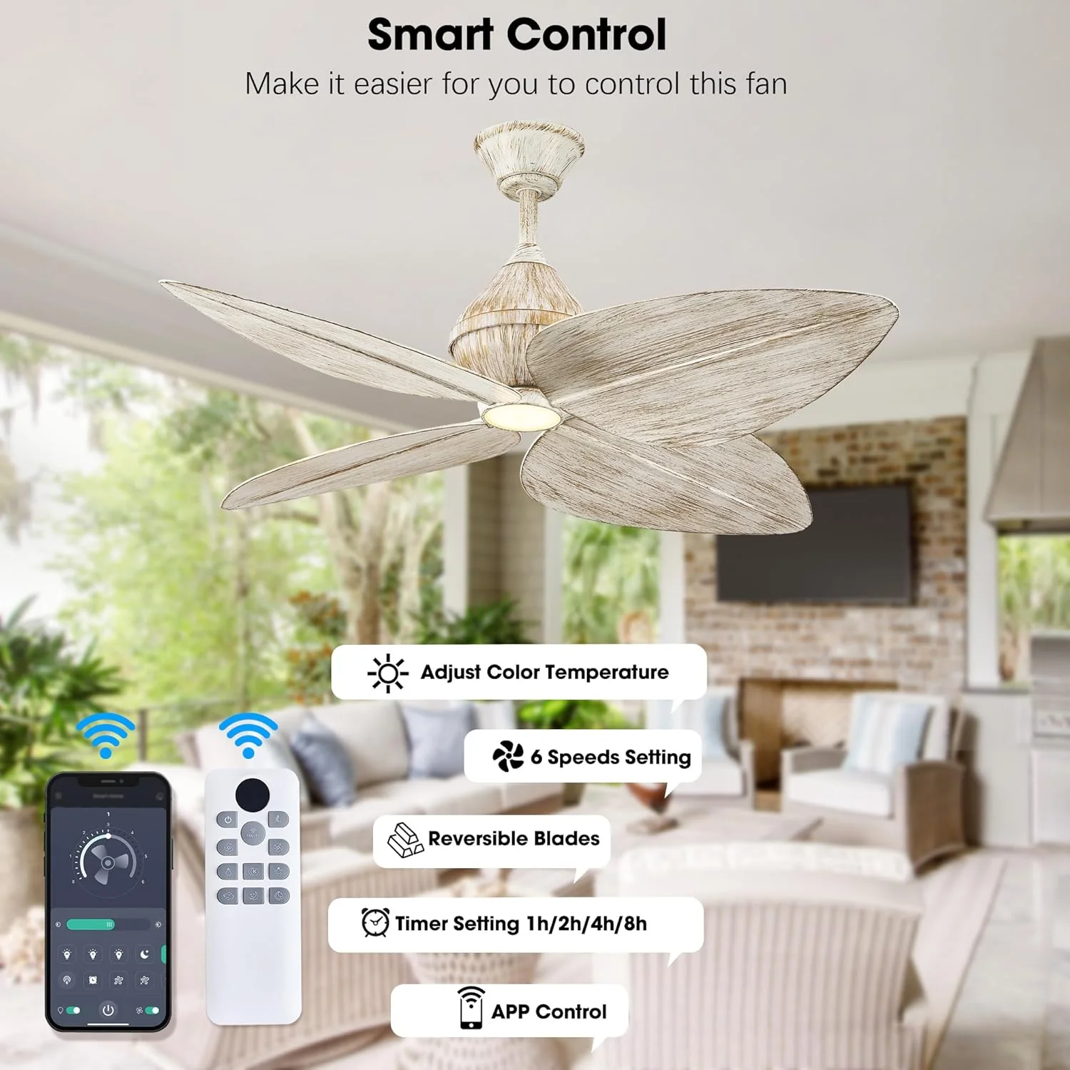 52 Inch Fans Ceiling Fan with Light Remote and App Control White-Rubbed DEMO - Image 3