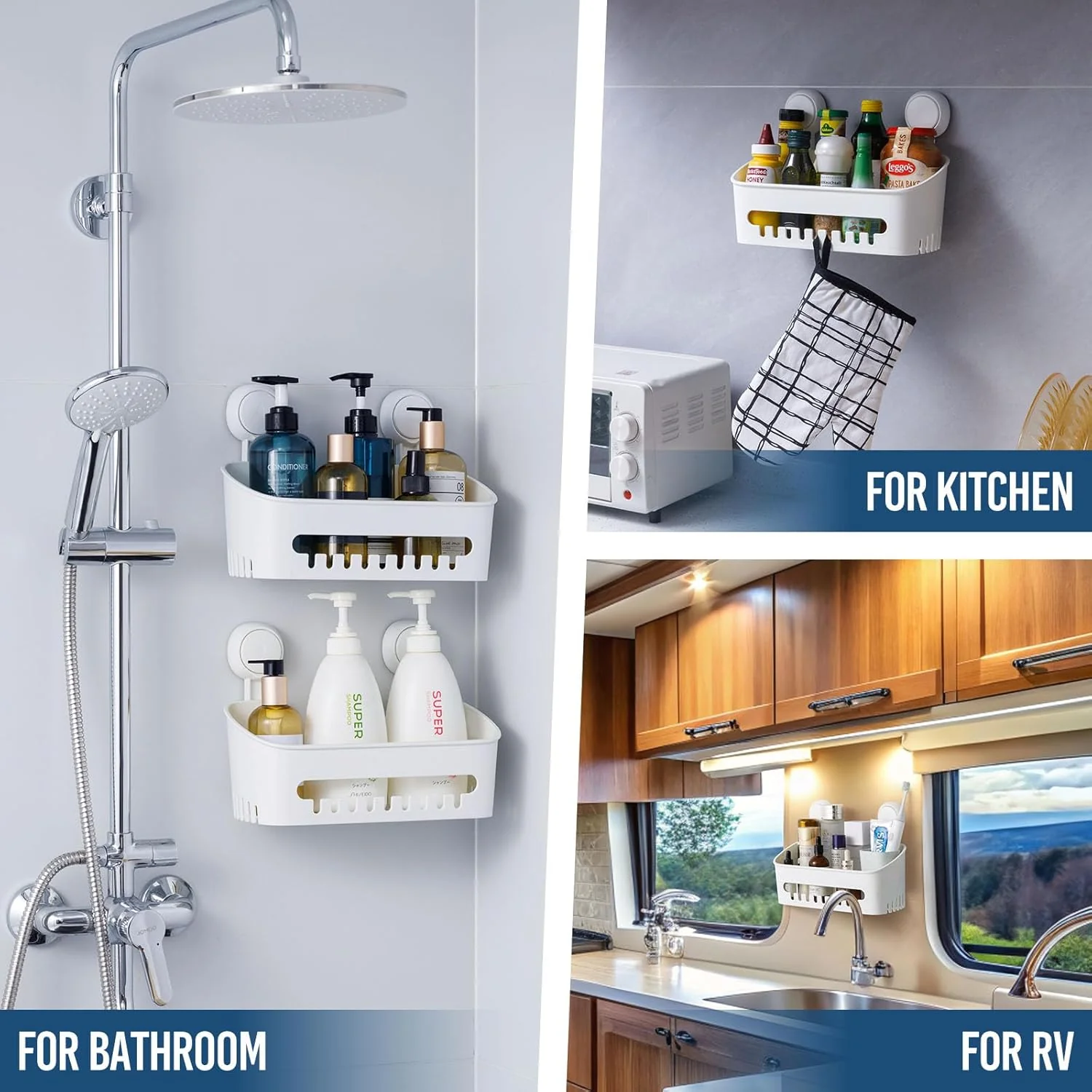 Bathroom Organizer Suction Cup Shower Caddy Removable White 27.4x9.4x7.4cm DEMO - Image 6