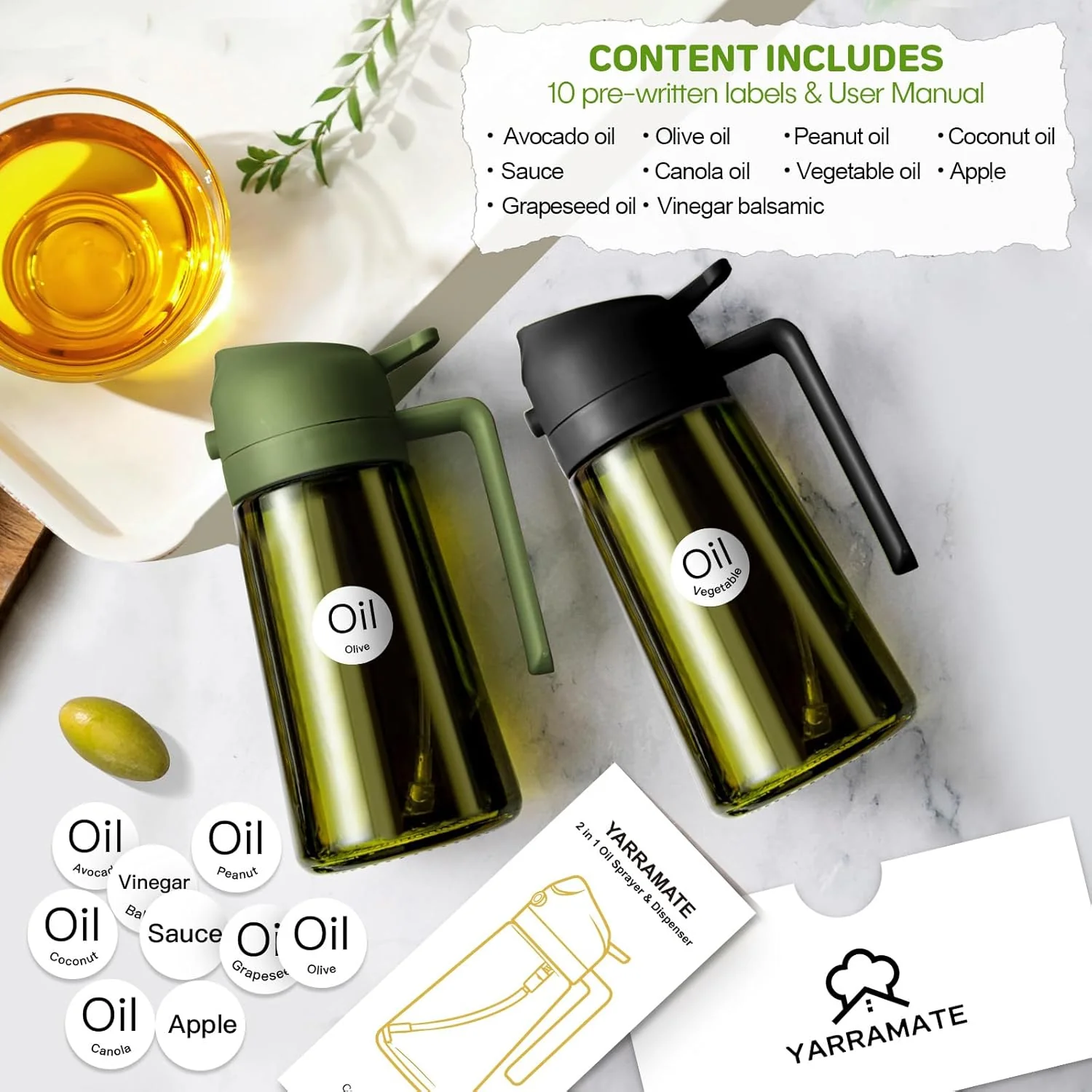 YARRAMATE 16oz/470ml Light-Blocking Dark Oil Sprayer Bottles 2-in-1 Olive NEW - Image 2