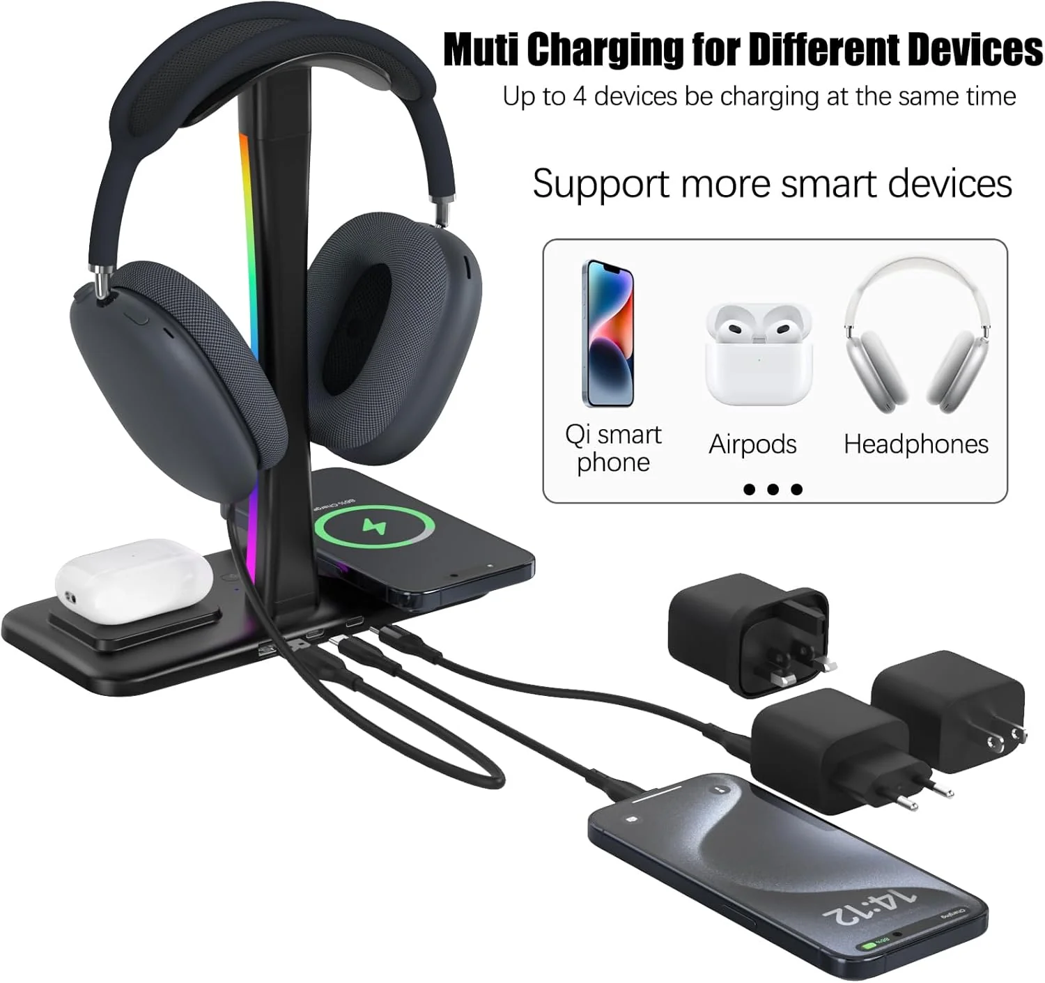 Wireless Charging Headphone Stand with RGB Lighting in Black NEW - Image 4