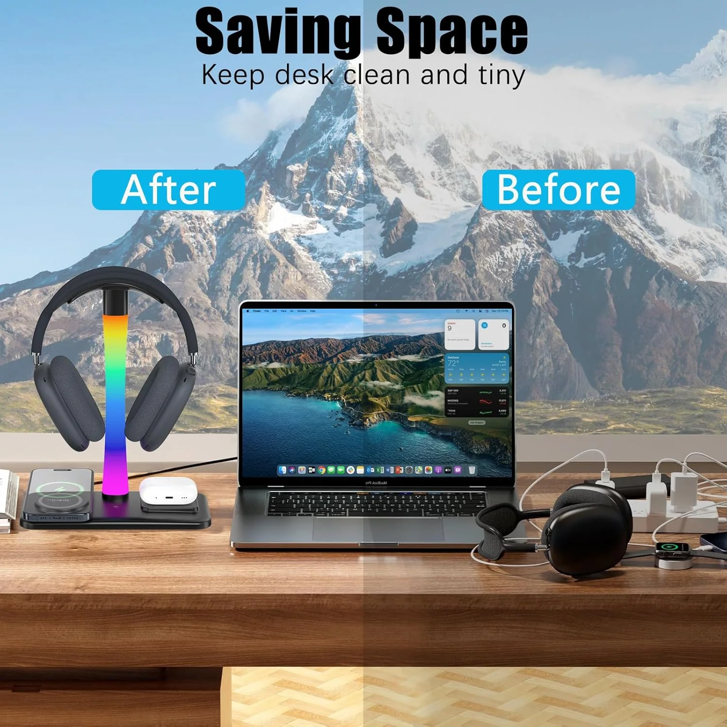 Wireless Charging Headphone Stand with RGB Lighting in Black NEW - Image 7