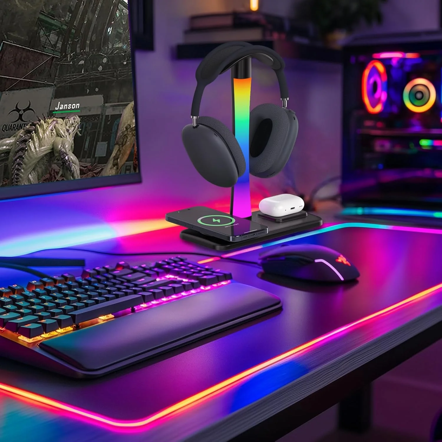 Wireless Charging Headphone Stand with RGB Lighting in Black NEW - Image 8