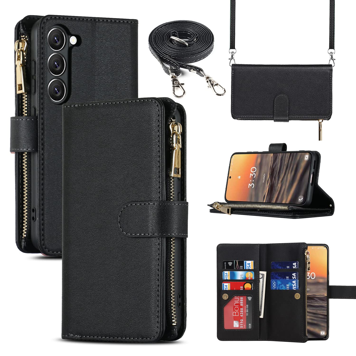Zipper Wallet Phone Case with Crossbody Strap for Samsung Galaxy S23 Black DEMO