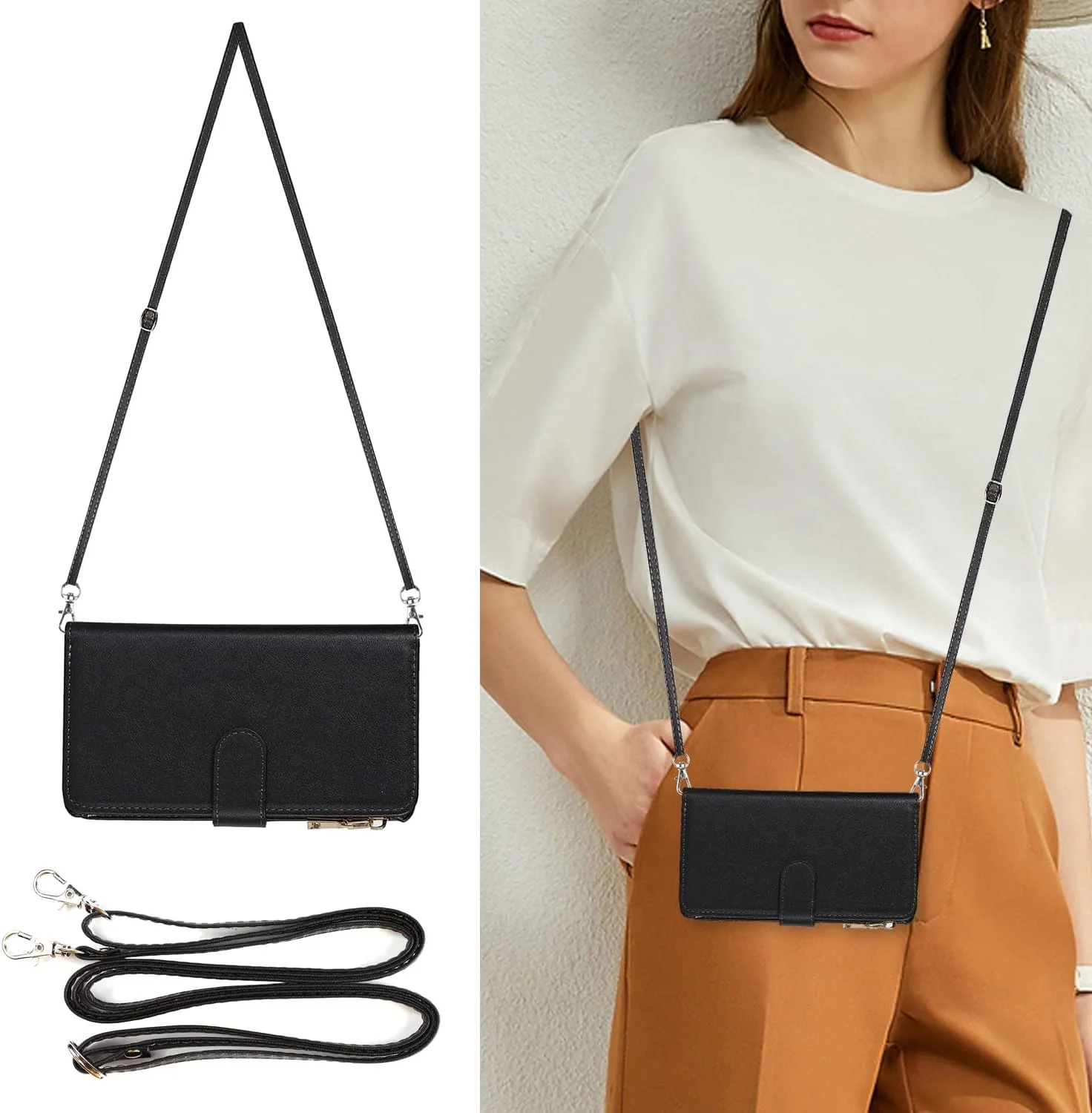 Zipper Wallet Phone Case with Crossbody Strap for Samsung Galaxy S23 Black DEMO - Image 2