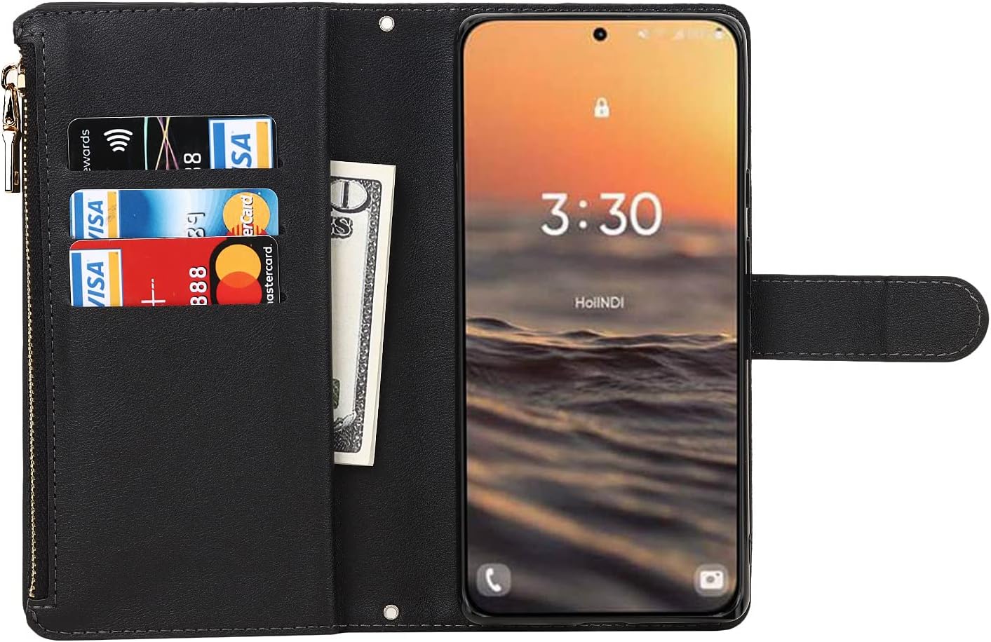 Zipper Wallet Phone Case with Crossbody Strap for Samsung Galaxy S23 Black DEMO - Image 5
