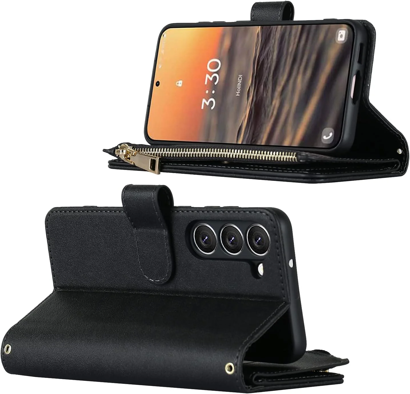 Zipper Wallet Phone Case with Crossbody Strap for Samsung Galaxy S23 Black DEMO - Image 6